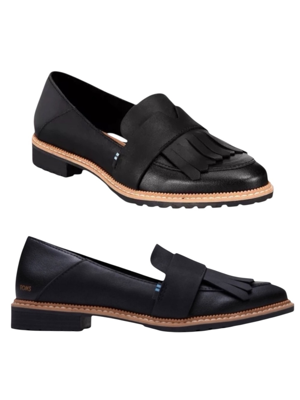 TOMS Black Leather Mallory Kiltie Loafers Fringe Detail Almond Toe Size 7